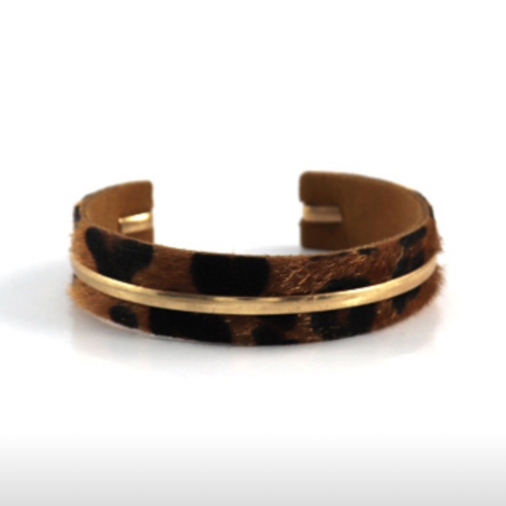 Burnish Gold Leopard Leather Open Cuff Bracelet